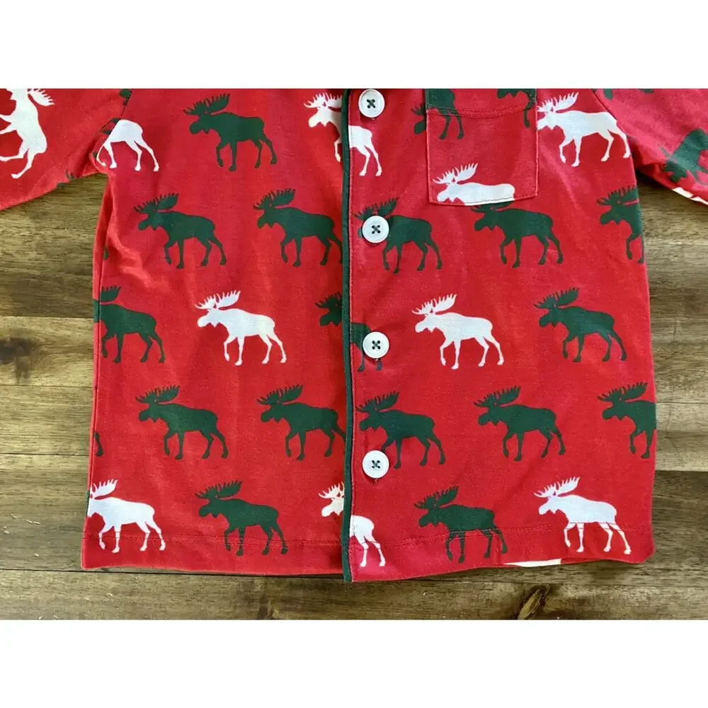 Hatley Holiday Button Down Red Green Moose Long Sleeve Pants Pajama Set 3